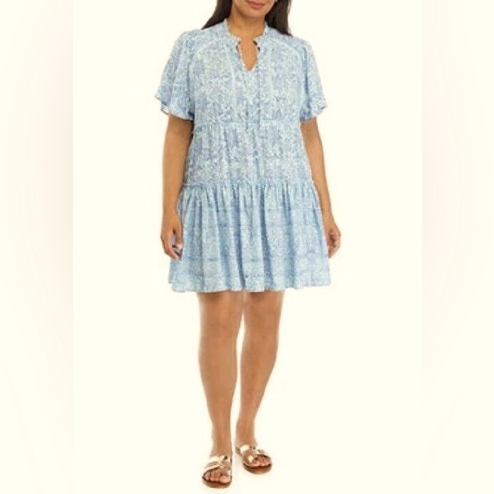 Wonderly Blue Paisley Tiered Ruffle Swing Sun Spring Mini Dress Tunic Tie 3X